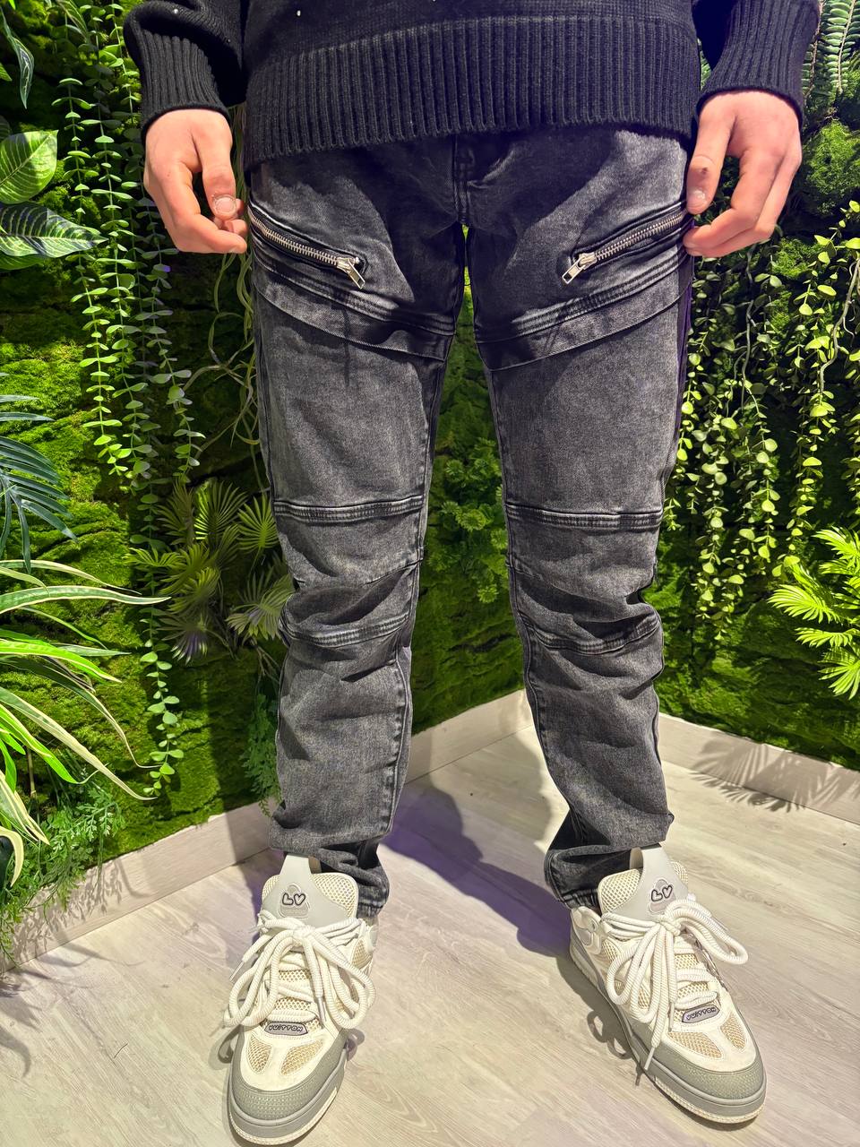 JEANS BIKER NERO ZIP